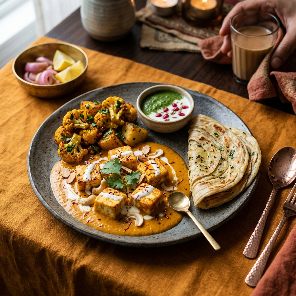 Rich plated Indian vegetarian dish